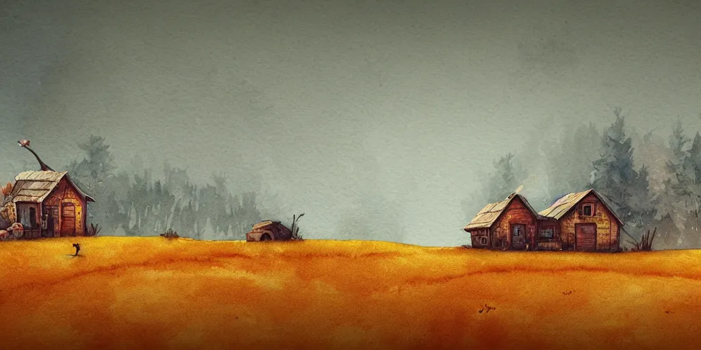 Image similar to epic illustration, incredible wide screenshot, ultrawide, simple watercolor, rough paper texture, autumn, mushroom house, pumpkin patch, scarecrow, realism, pale beige sky, texture, brown mud, dust, backlit distant shot a scenic environment by Anton Fadeev