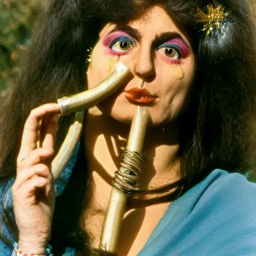 Image similar to 1970 hippie woman on tv show with a long prosthetic inflatable nose, big nostrils, wearing a robe on the hillside 1970 color archival footage color film 16mm holding a hand puppet Fellini Almodovar John Waters Russ Meyer Doris Wishman