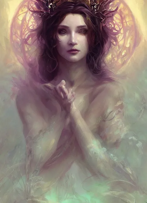 Image similar to tarot!!, fairy queen, fantasy medieval, no noise, elegant, concept art, sharp focus, beautiful face!!, digital art, smooth defined outlines!!, by Brom!!!!!, Guangjian Huang, trending on Artstation, Tom Bagshaw, Sargent