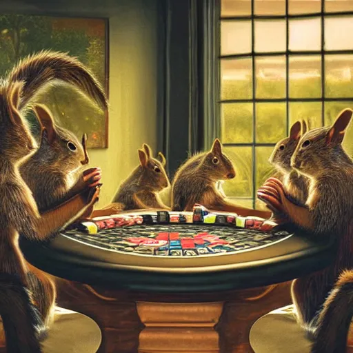 Image similar to still picture of a meeting of squirrels playing poker, high tension, in public, dramatic lighting, perfect movie shot, macro