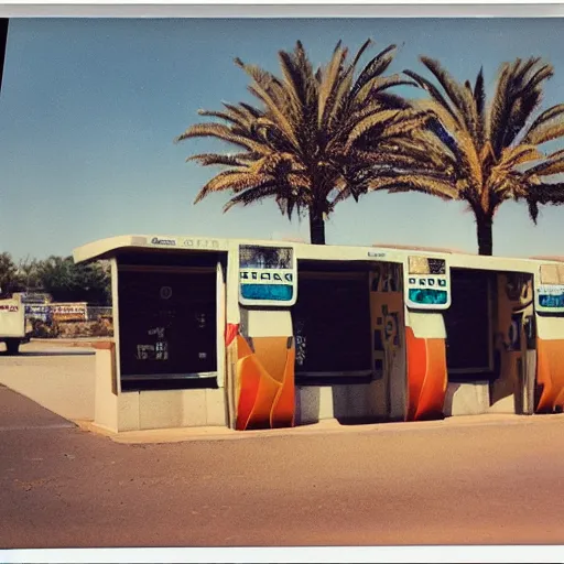 Image similar to old polaroid of futuristic african bus stops