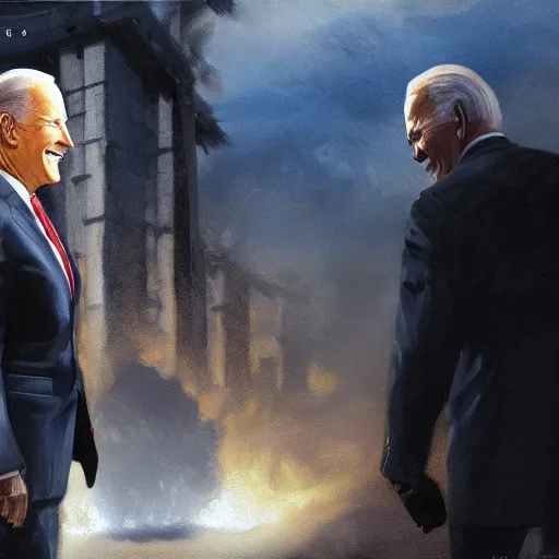 Image similar to joe biden smiling while behind him the world is burning, dramatic lighting, cinematic, establishing shot, extremly high detail, photorealistic, cinematic lighting, artstation, style by James Gurney