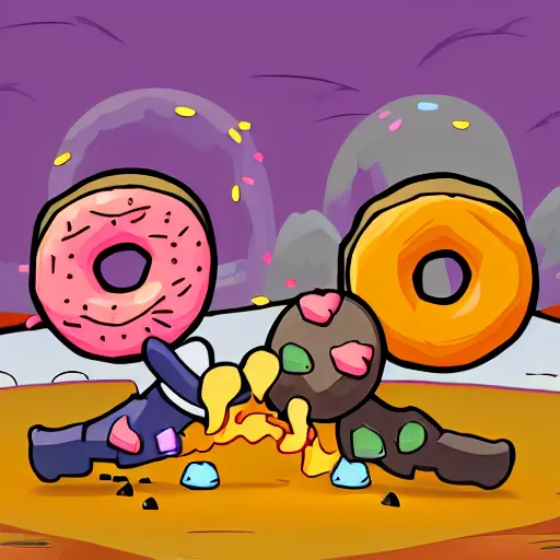 Image similar to Two cartoon donuts battling each other, battle scene