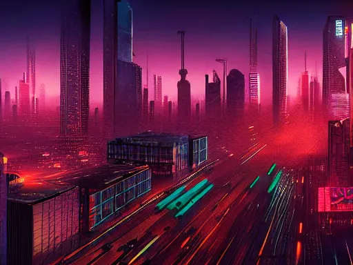 Prompt: a cinematic busy cyberpunk street in a mega city packed with flying vehicles, large mega corp buildings dominate the skyline at dusk by nick hiatt, cinematic, film still