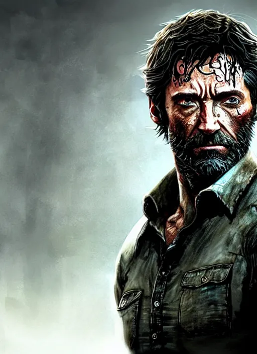 Image similar to hugh jackman as joel from the last of us, character concept art, hyperrealistic, detailed, accurate illustration, dramatic lighting