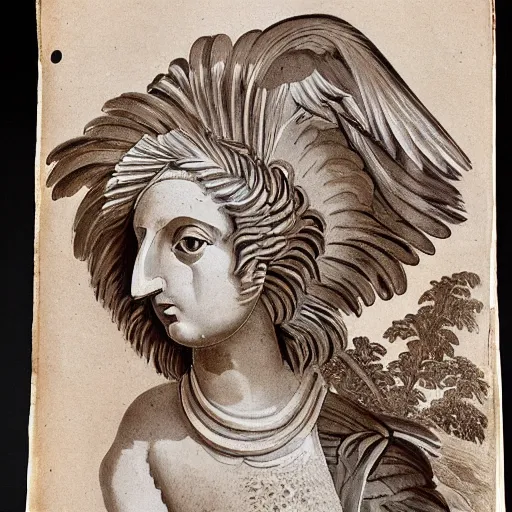 Prompt: an unknown ethnographic object, anthropology, feathers, in the style of corinthian capital by giocondo albertolli ( italian 1 7 4 2 - 1 8 3 9 ). medium : pen and brown ink, brush and gray wash on laid paper