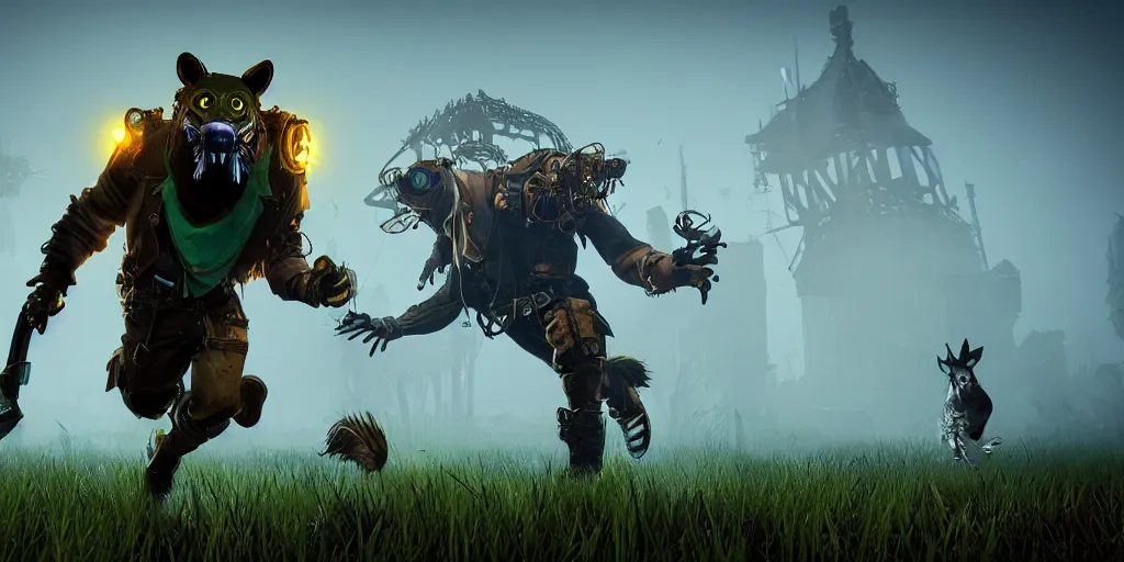 Image similar to gamekeeper wearing a steampunk and neonpunk mechanical fluorescent mystical animal mask in strange misty estuary landscape fight with werewolf, night, realism in style of fornite game, 4 k, octane render, award winning photograph, epic cinematic shot, perfectly defined features, ambient occlusion