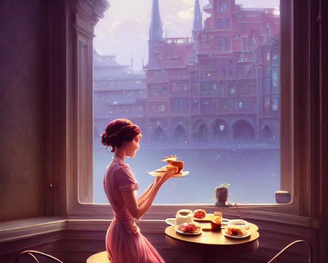 Image similar to photography of breakfast at tiffany's, different snap shots of the movie, intricate, elegant, highly detailed, digital painting, artstation, matte, illustration, art by artgerm, greg rutkowski, loish, rhads, ferdinand knab, makoto shinkai, lois van baarle, ilya kuvshinov, rossdraws, tom bagshaw