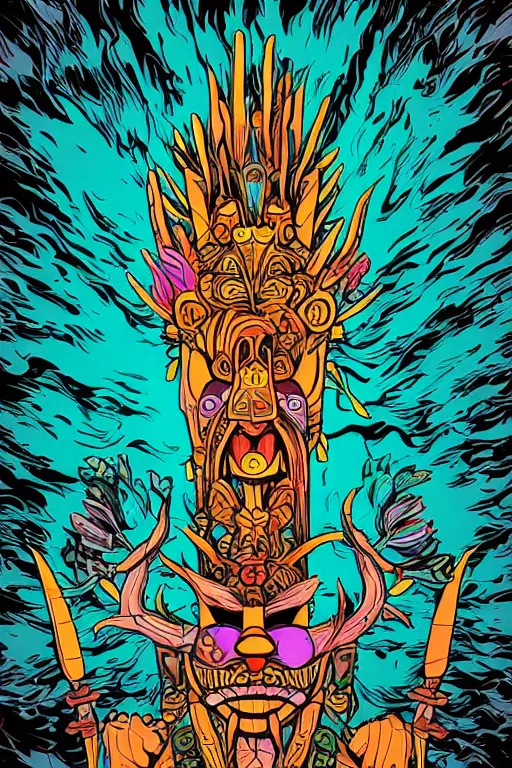 Image similar to animal mask totem roots flower tribal feather gemstone plant wood rock shaman vodoo video game vector cutout illustration vivid multicolor borderlands comics by josan gonzales and dan mumford radiating a glowing aura