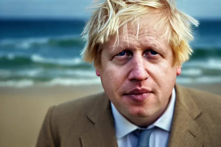 Image similar to closeup portrait of boris johnson at the beach moving britain with an oar, natural light, sharp, detailed face, magazine, press, photo, steve mccurry, david lazar, canon, nikon, focus