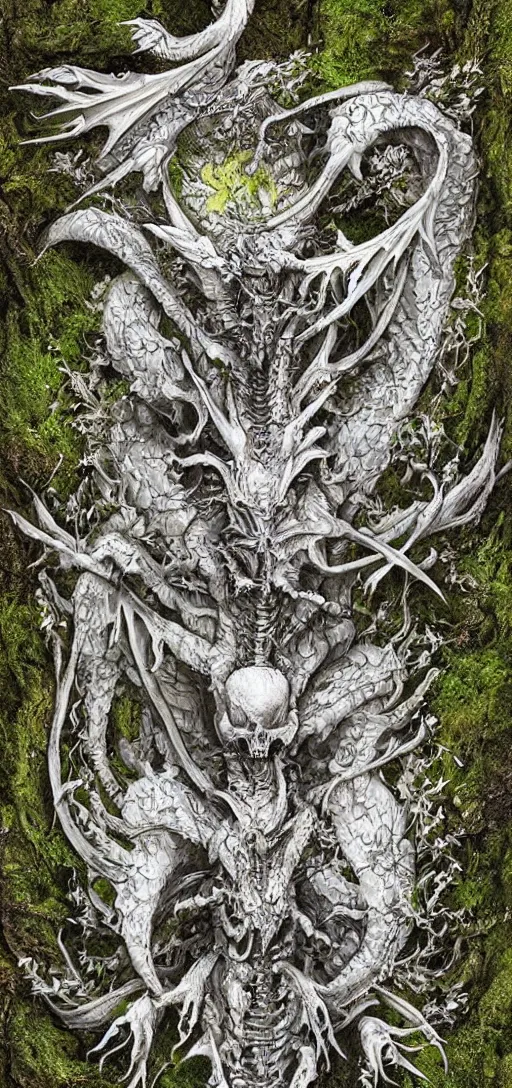 Image similar to white dragon skeleton covered in moss and flowers, intricate details, hyperrealistic, HR Giger