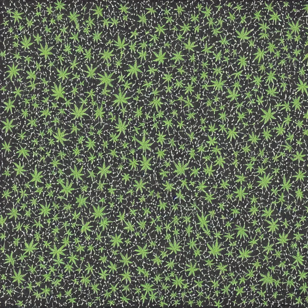 Prompt: camo made of out cannabis, smiling, abstract, maya bloch artwork, do hoang tuong artwork, cryptic, dots, stipple, lines, abstract, geometry, splotch, concrete, color tearing, uranium, acrylic, neon, pitch bending, cannabis plant leaves, faceless people, dark, ominous, eerie, minimal, points, technical, painting