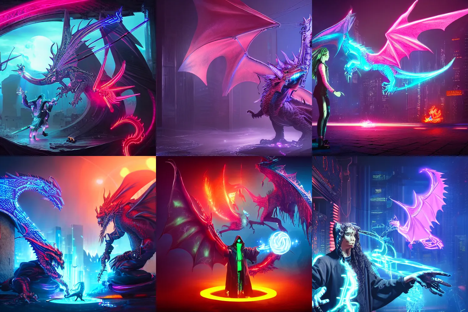 Prompt: cyberpunk wizard summoning a dragon, fine detail, 4 k, neon lighting