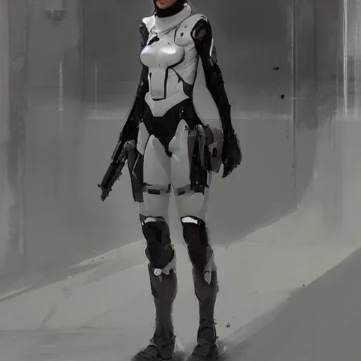 Image similar to concept art by greg rutkowski, a very tall, slender female soldier wearing futuristic white and black tactical gear, brutalist futuristic interior, dim lighting, detailed portraits, nostalgic atmosphere, scifi, digital painting, artstation, concept art, smooth, sharp foccus ilustration, artstation hq