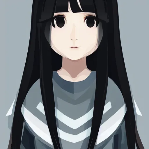 Image similar to portrait of a beautiful korean girl with very long hair and bangs, angular features, angry expression, wearing a black hoodie, in the style of studio trigger, extremely clean lines, anime and manga style, anime concept art