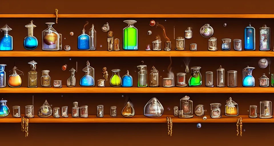 Image similar to a bookshelf of wonderful magical experiments, located in a wizard's shop, full of trinkets and magical potions flasks vials, bubbling liquids, smoking vessels, detailed, 4 k