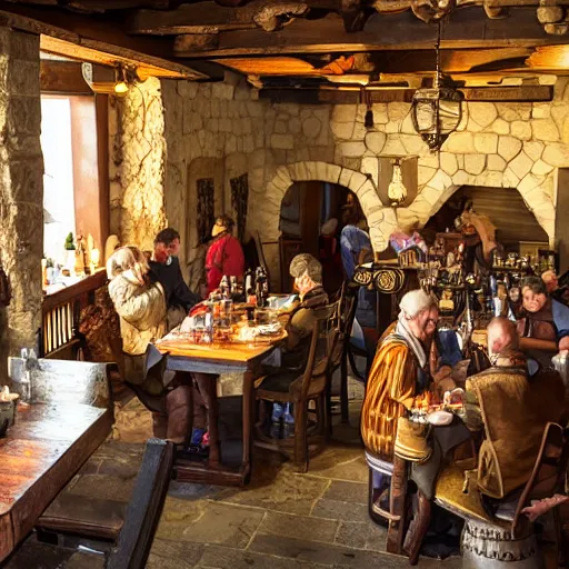 photo inside medieval tavern with cheerful people | Stable Diffusion ...