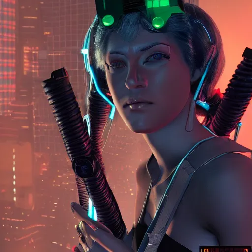 Image similar to photo of a cyberpunk female archer