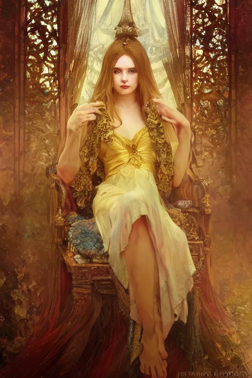 Prompt: portrait of a girl emperorit is decorated with long robes that fall like golden stars, an ostentatious palace and garden are seen in the background. by jeremy mann and alphonse mucha, fantasy art, photo realistic, dynamic lighting, artstation, poster, volumetric lighting, very detailed faces, 4 k, award winning