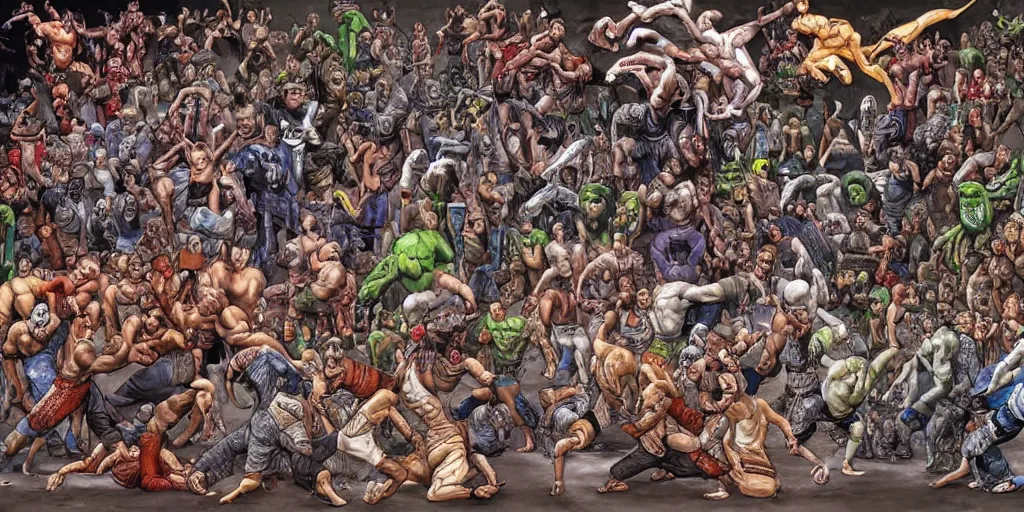 Prompt: digital painting of a million monsters doing mixed martial arts, by michael whelan, highly detailed, collage of styles, mix of styles, intricate, ghost in the shell color scheme, mma, boxing, kickboxing