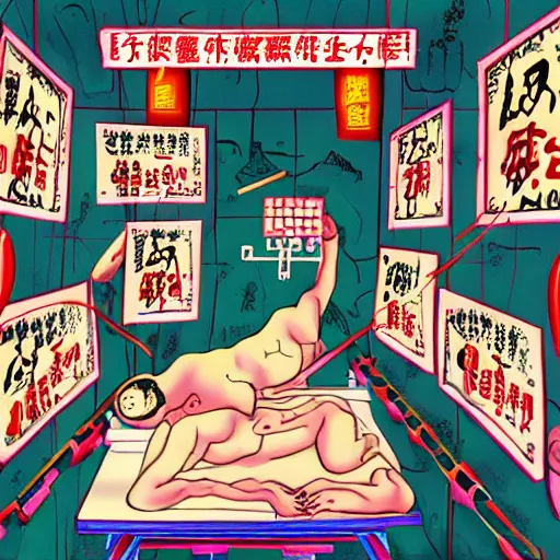 Image similar to chinese surgery operating table, in the style of daniel johnston and outsider art, 8k, line brush, overlaid with traditional chinese adverts