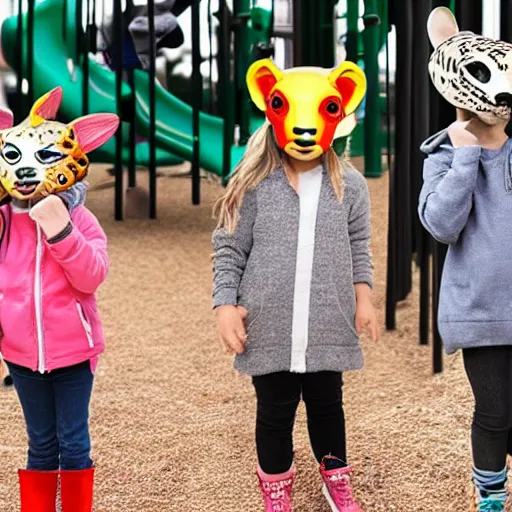 Prompt: photo realistic children on a playground wearing different animal masks,