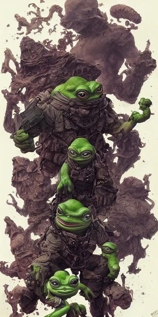 Image similar to Pepe The Frog, marvel comics, dark, intricate, highly detailed, smooth, artstation, digital illustration by Ruan Jia and Mandy Jurgens and Artgerm and Wayne Barlowe and Greg Rutkowski and Frank Frazetta