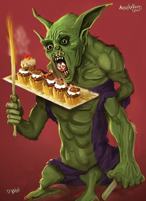 Image similar to medieval goblin eating cakes, detailed digital art, trending on Artstation