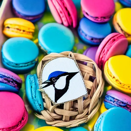 Image similar to A blue jay standing on a large basket of rainbow macarons.