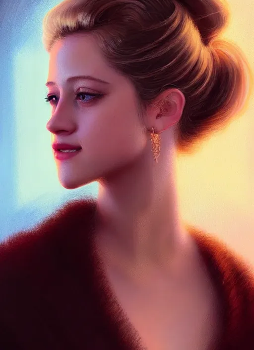 Image similar to portrait of lili reinhart with fluffy bangs, bangs, 1 9 6 0 s, ponytail, curly bangs and ponytail, rounder face, intricate, elegant, glowing lights, highly detailed, digital painting, artstation, concept art, smooth, sharp focus, illustration, art by wlop, mars ravelo and greg rutkowski