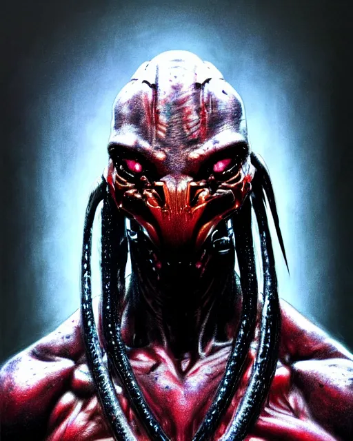 Prompt: a portrait of the predator fantasy character portrait, ultra realistic, cinematic, concept art, wide angle, intricate details, hologram, highly detailed by wayne barlowe,