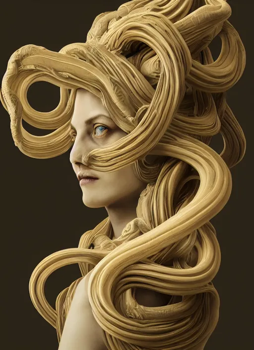 Image similar to medusa made of soft wax, wooden art nouveau swirls, strong subsurface scattering, cables, tubes, subsurface scattering, in the style of ruan jia and pascal blanche and giger, subsurface scattering, mystical colors, rim light, dramatic lighting, 8 k, stunning scene, raytracing, octane render, trending on artstation