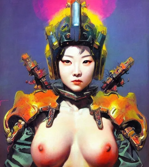 Image similar to portrait of strong korean female chaos angel, beautiful! coherent! by frank frazetta, by brom, strong line, vivid neon color, spiked scrap metal armor, iron helm, high contrast, maximalist