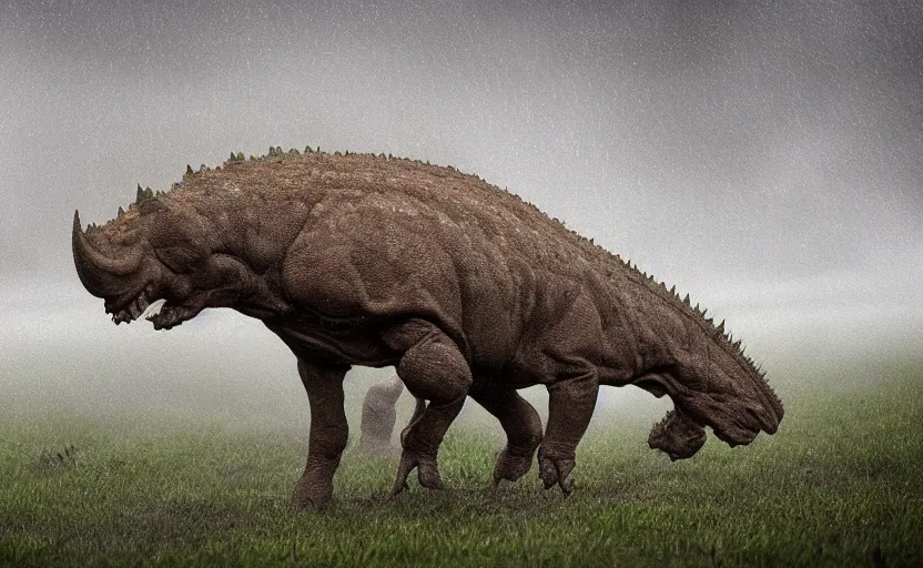 Image similar to nature photography of a rain soaked triceratops and her baby, african savannah, rainfall, muddy embankment, fog, digital photograph, award winning, 5 0 mm, telephoto lens, national geographic, muscular legs, large eyes