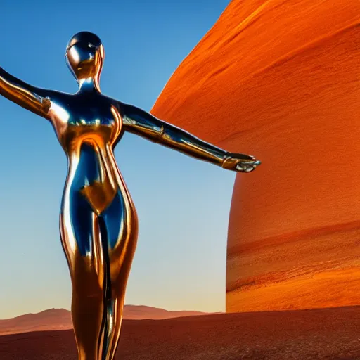 Image similar to 4 k hdr wide angle sony a 7 photo of a stainless steel shiny reflective woman female statue dancing on mars during a blue martian sunset