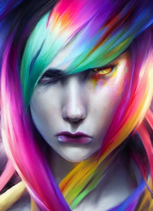 Image similar to a young woman with beautiful rainbow hair. she looks very angry. beautiful painting by artgerm and greg rutkowski