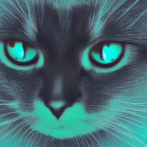 Image similar to an all knowing cat with glowing teal eyes, 4 k, digital art