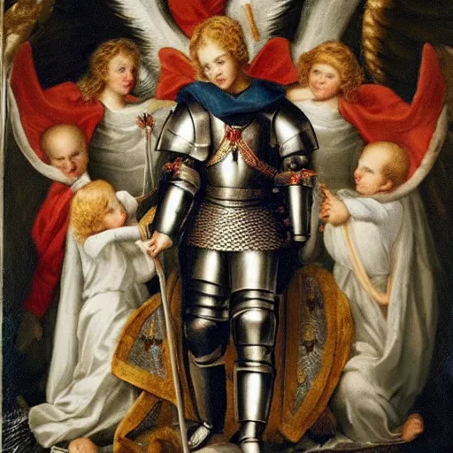 Image similar to prince william wearing knight's armor with heavenly angels surrounding him
