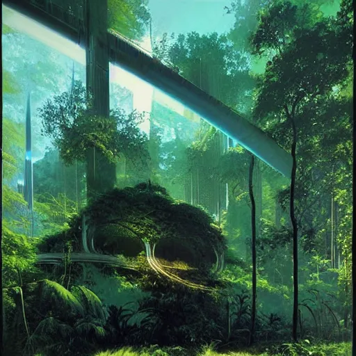 Image similar to portal in a middle of a lush futuristic forest, syd mead, john harris