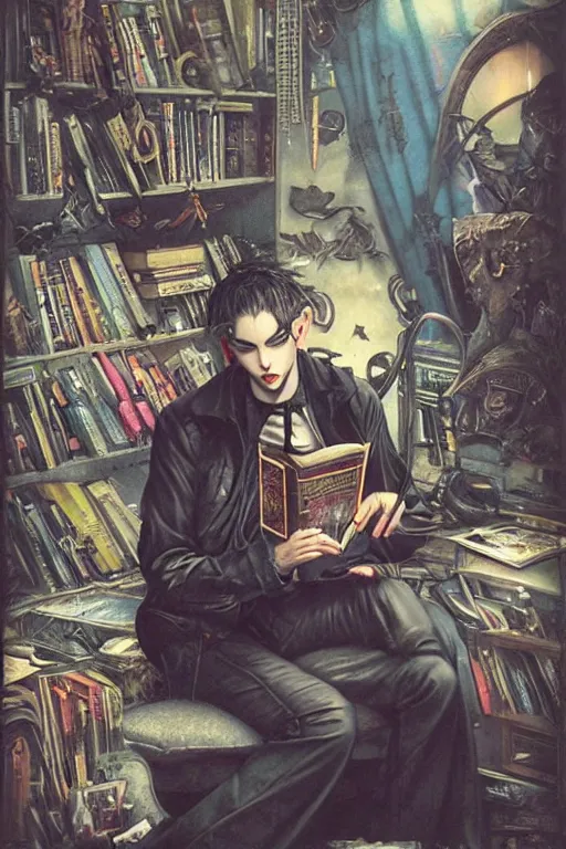 Image similar to goth guy reading a book in a cluttered messy 9 0 s bedroom, artgerm, tom bagshaw, gerald brom, vaporwave, vaporwave colors, 9 0 s, 9 0 s aesthetic, perfect face, detailed face, symmetrical face,
