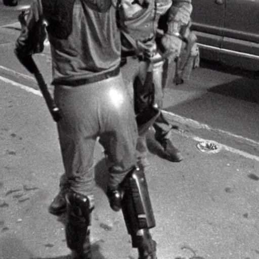 Image similar to extraterrestrial zeta reticulan grey alien, being arrested by spetsnaz