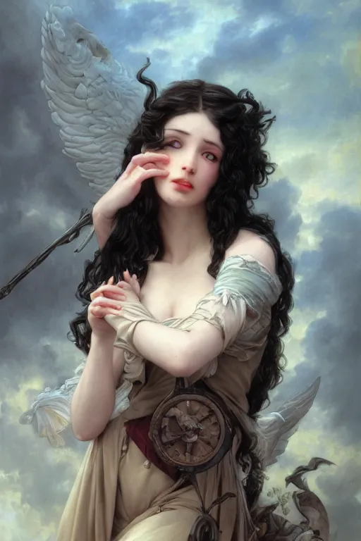 Image similar to a fantasy comic book style portrait painting of a beautiful woman with pale skin and long black hair, mystical valkyrie, francois boucher, oil painting, unreal 5, hyperrealistic, octane render, regal, refined, detailed digital art, rpg portrait, william - adolphe bouguereau, michael cheval, walt disney, steampunk, dynamic lighting, highly detailed, unreal engine