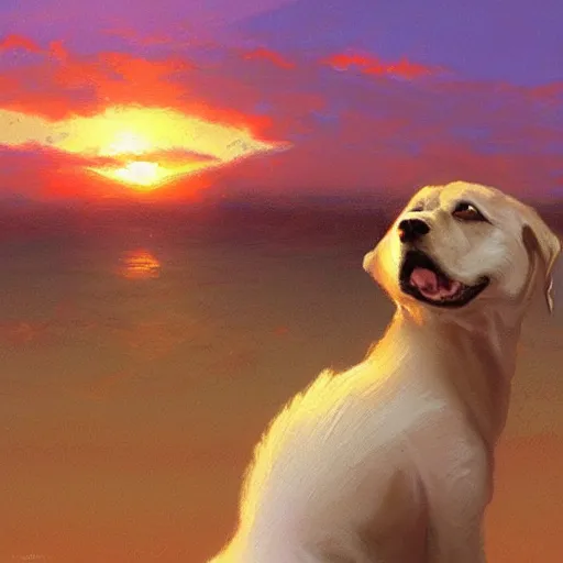 Image similar to a dog watching a beautiful sunset, paint by craig mullins