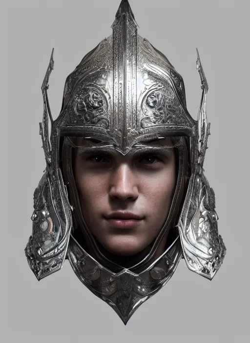 Image similar to hyperrealistic mixed media portrait of a beautiful male fantasy warrior, stunning 3d render inspired art by Mark Poole + perfect facial symmetry + dim volumetric lighting, ornate worn plate armor, 8k octane beautifully detailed render, post-processing, extremely hyperdetailed, intricate, epic composition, grim yet sparkling atmosphere, cinematic lighting + masterpiece, trending on artstation