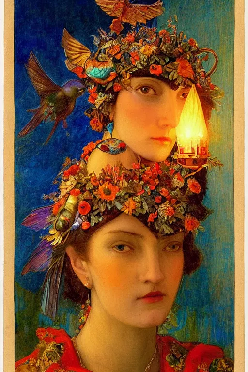 Prompt: queen of the dawn with her lantern and birds, by Annie Swynnerton and Nicholas Roerich, elaborate headdress and iridescent beetles, rich color, dramatic cinematic lighting, extremely detailed
