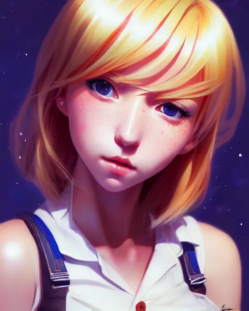 Image similar to portrait Anime freckled blonde space cadet girl Anna Lee anime cute-fine-face, pretty face, realistic shaded Perfect face, fine details. Anime. realistic shaded lighting by Ilya Kuvshinov Giuseppe Dangelico Pino and Michael Garmash and Rob Rey, IAMAG premiere, aaaa achievement collection, elegant freckles, fabulous