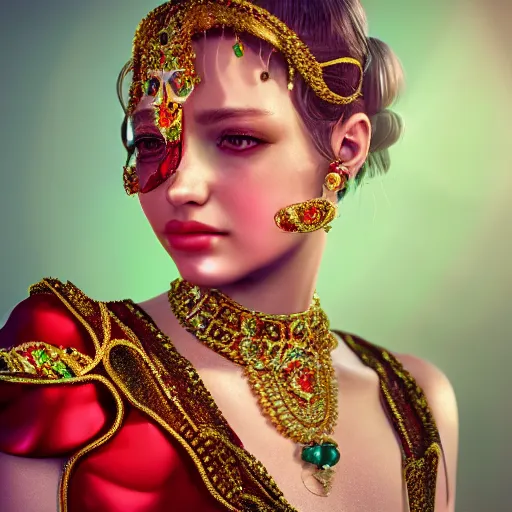 Prompt: portrait of beatiful princess of ruby with fair skin, adorned with jewels, ornate 8 k gorgeous intricate detailed, accent lighting, dramatic light, octane render