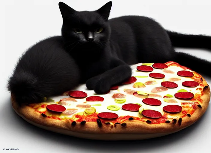 Image similar to A tiny black cat sleeping on a cozy pizza pillow. designed by Peter Andrew Jones and Pixar, photorealistic, 3d render, award winning render, unreal engine, octane render, studio lighting, 8k, hd, Dustin Nguyen, Akihiko Yoshida, Greg Tocchini, Greg Rutkowski, Cliff Chiang