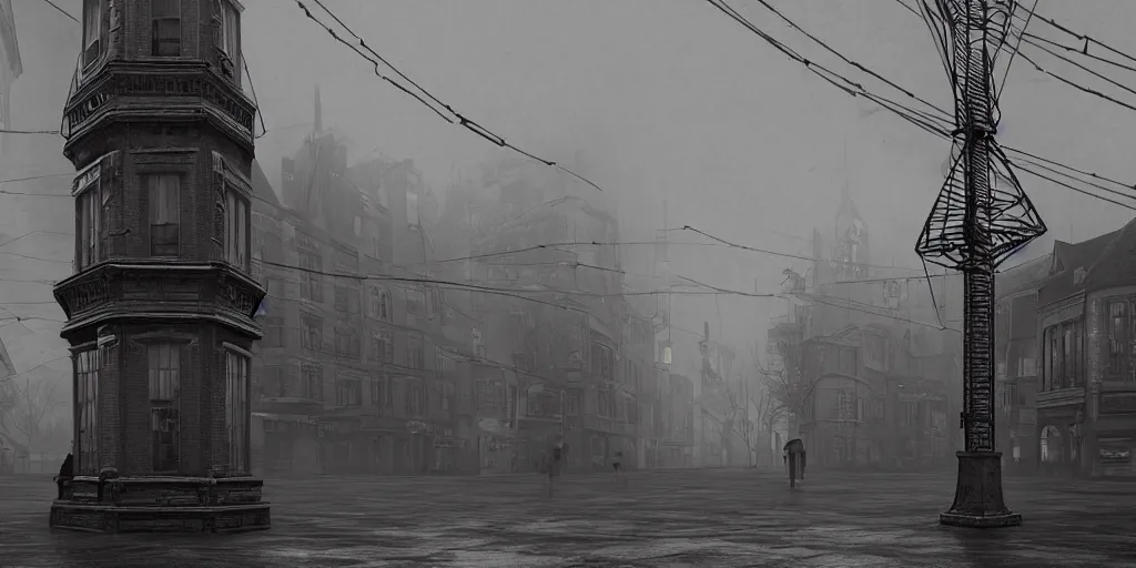 Prompt: A street-level view of a gloomy fantasy Victorian-era town, single-point perspective centered in a radio tall, foreboding radio tower with cast-iron walkways; muted colors cloudy weather, artstation, octane render, cgi, cgsociety, volumetric lighting, cinematic, colorful, ray traced, ambient occlusion, depth of field, fog,