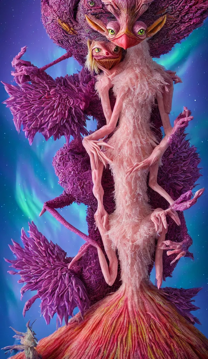 Prompt: hyper detailed 3d render like a Oil painting - kawaii portrait of two Aurora (a beautiful skeksis muppet fae queen protective mother from dark crystal that looks like Anya Taylor-Joy) seen red carpet photoshoot in UVIVF posing in scaly dress to Eat of the Strangling network of yellowcake aerochrome and milky Fruit and His delicate Hands hold of gossamer polyp blossoms bring iridescent fungal flowers whose spores black the foolish stars by Jacek Yerka, Ilya Kuvshinov, Mariusz Lewandowski, Houdini algorithmic generative render, Abstract brush strokes, Masterpiece, Edward Hopper and James Gilleard, Zdzislaw Beksinski, Mark Ryden, Wolfgang Lettl, hints of Yayoi Kasuma and Dr. Seuss, octane render, 8k